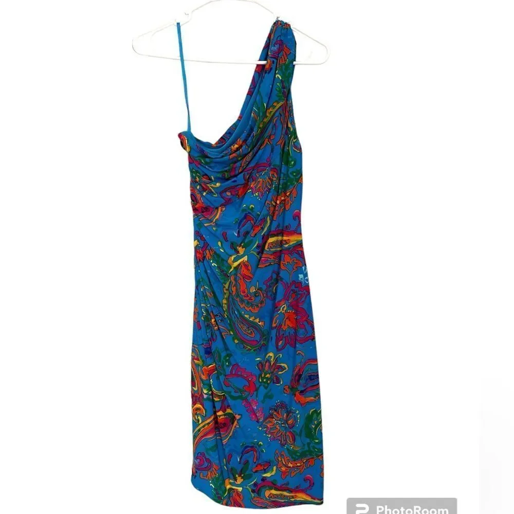 Lauren Ralph Lauren one Shoulder Rouched Body-Con Bright Dress Blue Size 10 - Picture 4 of 7
